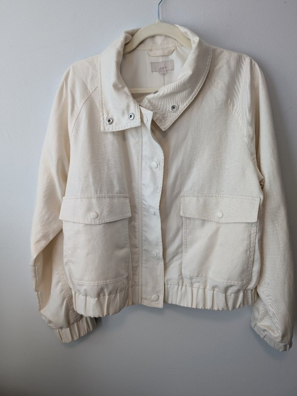 LOFT Ivory Linen Blend Bomber Jacket Size M Cropped Oversized Lightweight